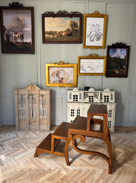 Chair/ stepping stool in classic walnut with wicker seat~