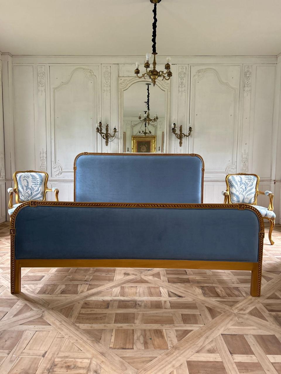 Classic upholstered bed with elegant carving~