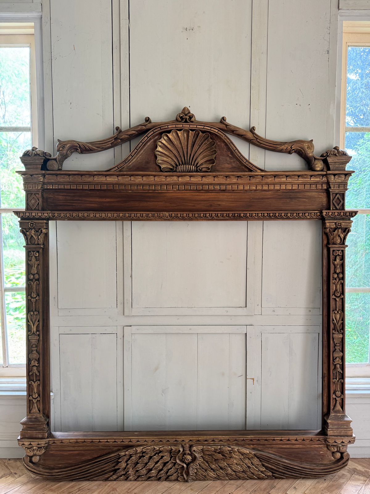 Aedicula frame with Renaissance motifs in rustic finish~
