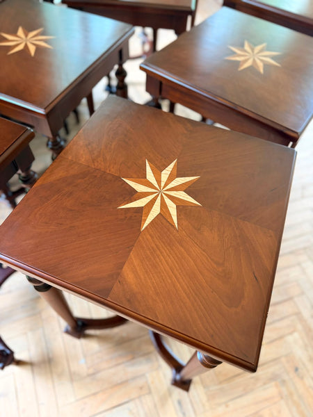 Louis XVI sleek side tables with book matched marquetry~