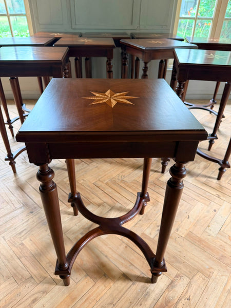 Louis XVI sleek side tables with book matched marquetry~