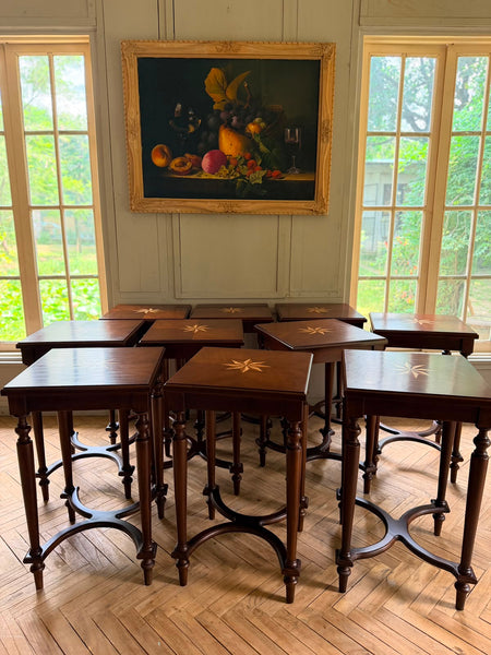Louis XVI sleek side tables with book matched marquetry~