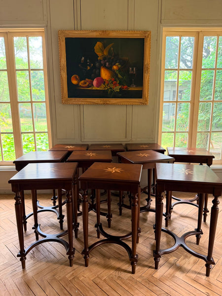 Louis XVI sleek side tables with book matched marquetry~