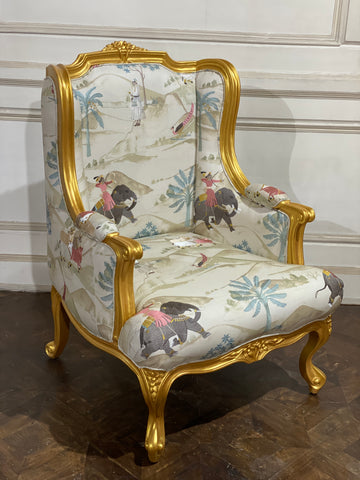 French wing back chair with sleek silhouette~