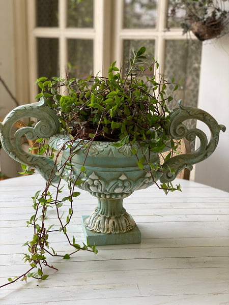 Exquisite French urn with deep foliage & carved hardware