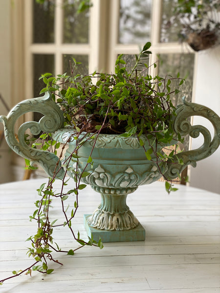 Exquisite French urn with deep foliage & carved hardware