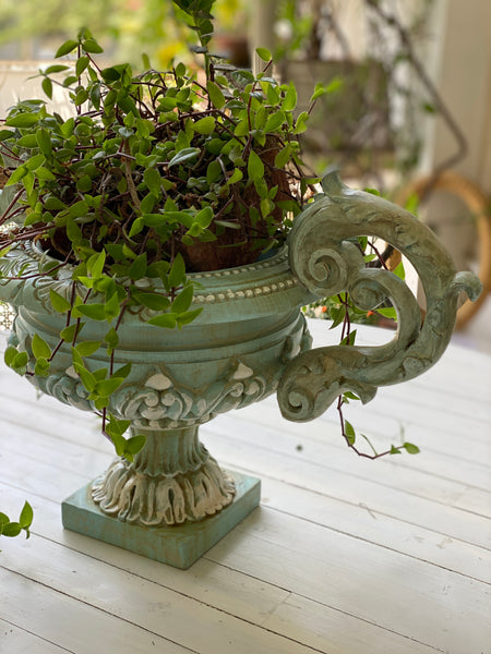 Exquisite French urn with deep foliage & carved hardware