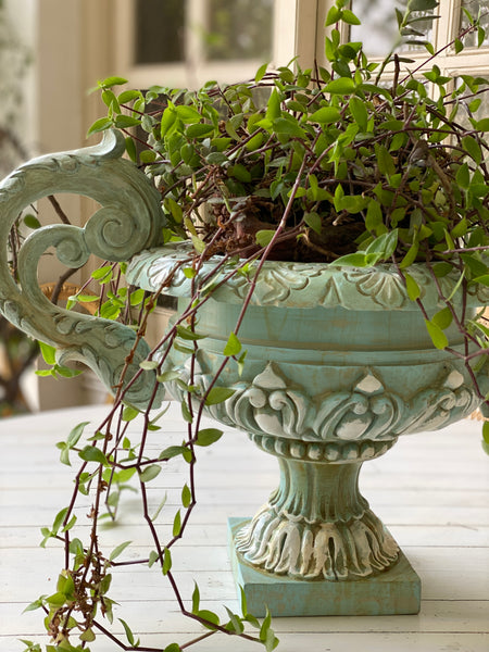 Exquisite French urn with deep foliage & carved hardware