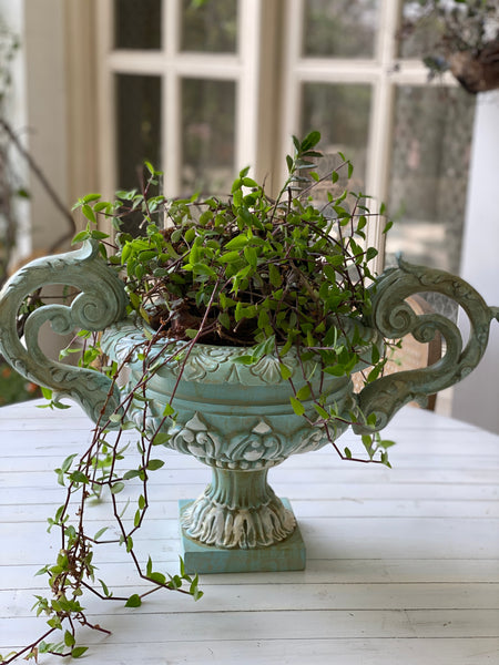 Exquisite French urn with deep foliage & carved hardware