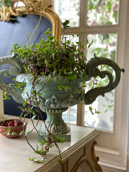 Exquisite French urn with deep foliage & carved hardware