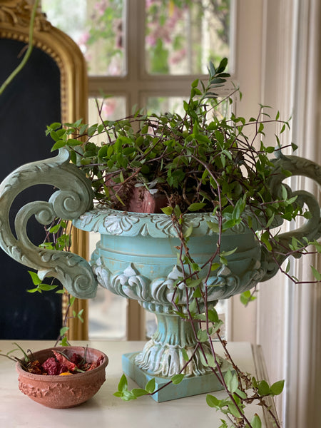 Exquisite French urn with deep foliage & carved hardware