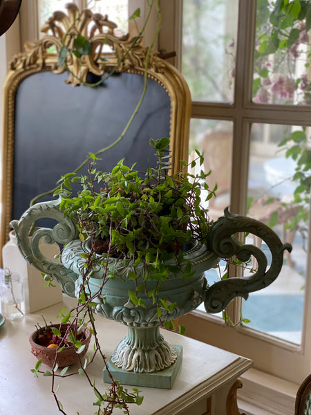 Exquisite French urn with deep foliage & carved hardware