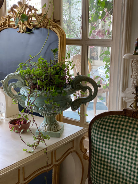 Exquisite French urn with deep foliage & carved hardware